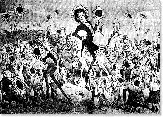 Keller cartoon from the Wasp of San Francisco depicting Wilde on the occasion of his visit there in 1882